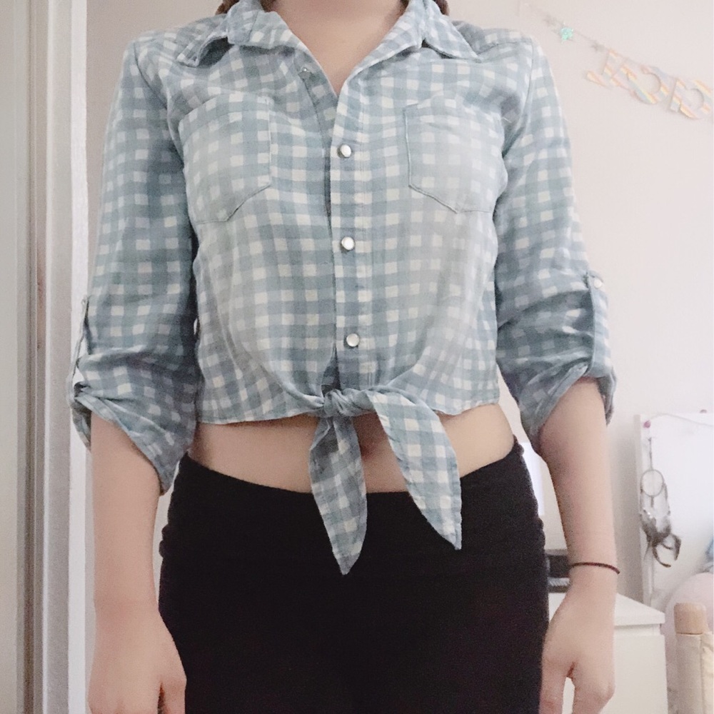 pastel blue and white checkered top